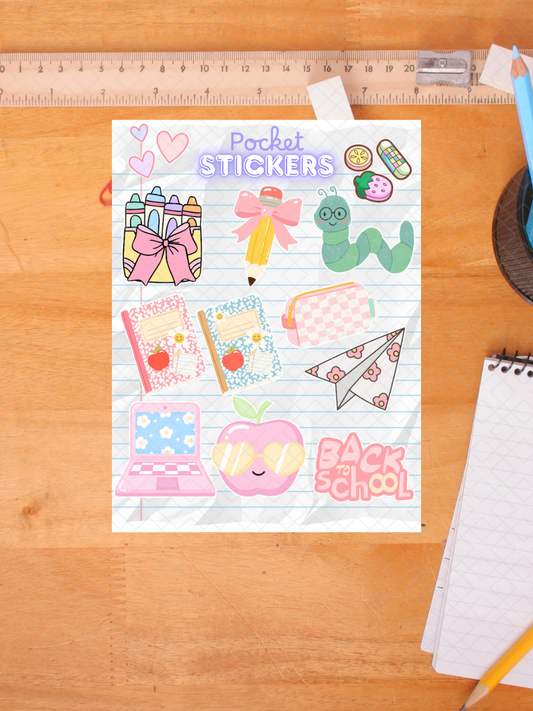 Pastel Back to Scool Pocket Stickers | 3"x 4" Mini Sticker Sheet for Journaling, Junk Journals, Scrapbooking, and more.