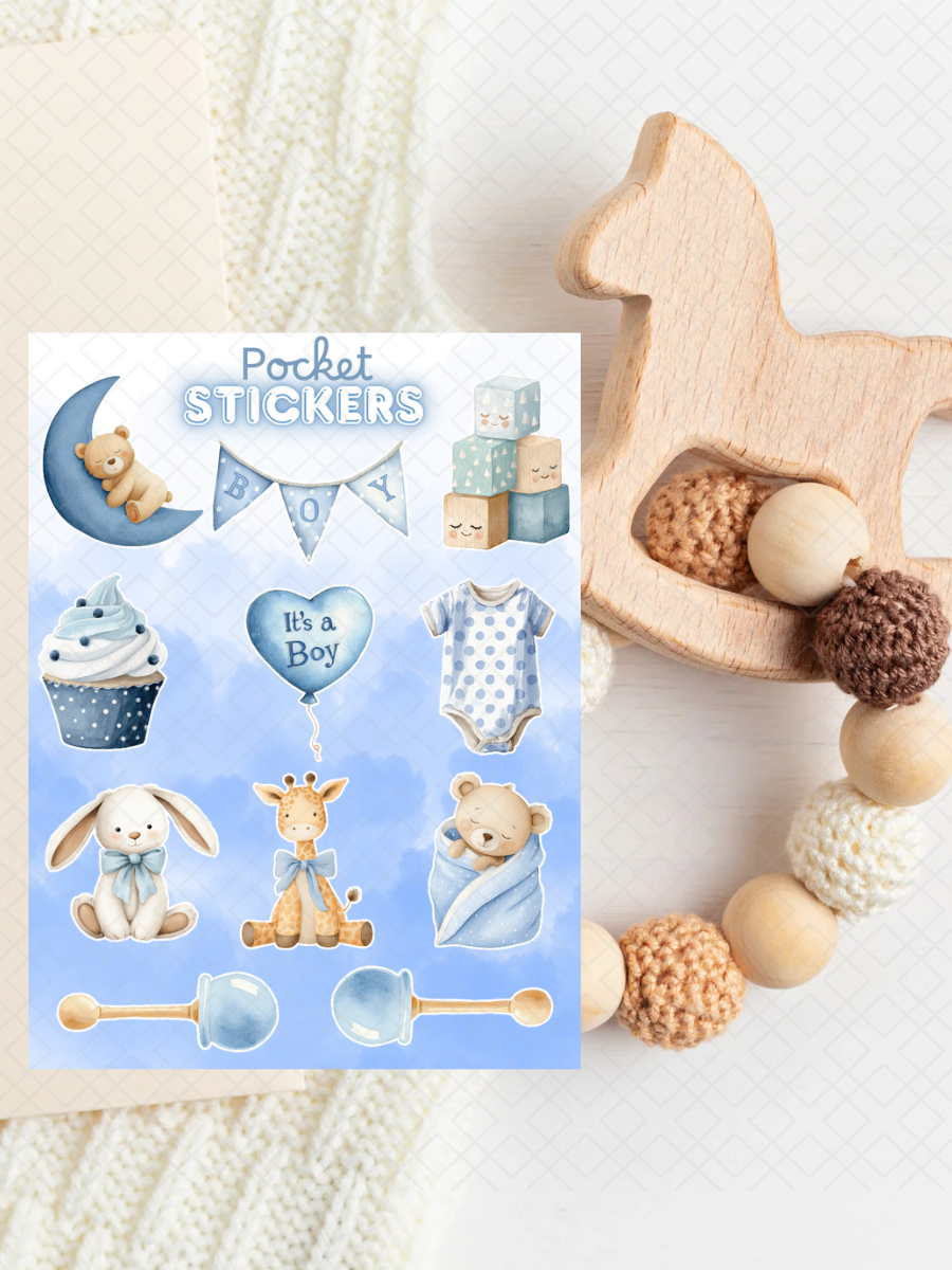 Baby Boy Baby Shower Pocket Stickers | 3"x 4" Mini Sticker Sheet for Journaling, Junk Journals, Scrapbooking, and more