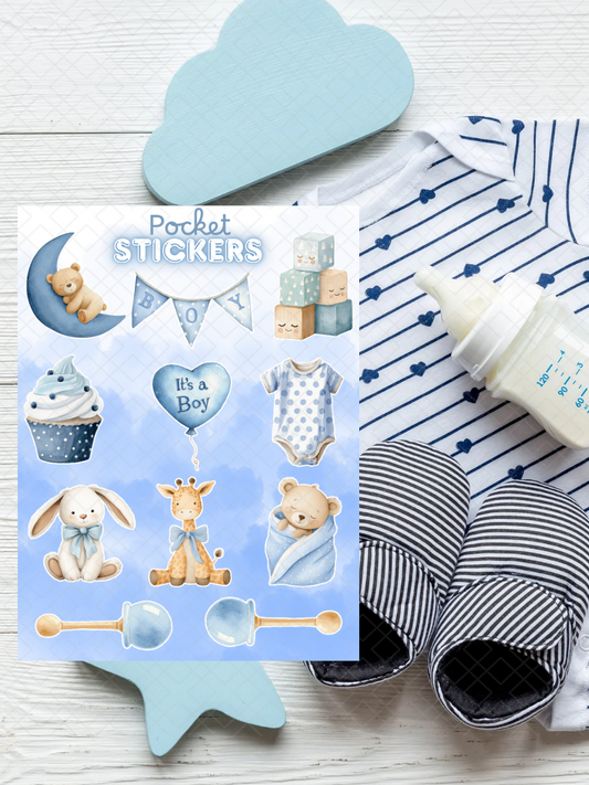 Baby Boy Baby Shower Pocket Stickers | 3"x 4" Mini Sticker Sheet for Journaling, Junk Journals, Scrapbooking, and more