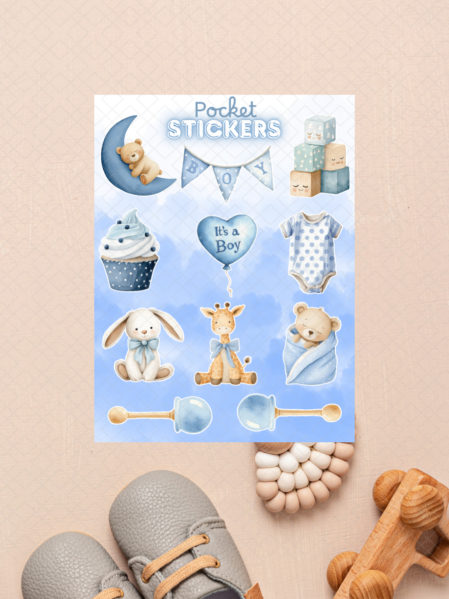 Baby Boy Baby Shower Pocket Stickers | 3"x 4" Mini Sticker Sheet for Journaling, Junk Journals, Scrapbooking, and more