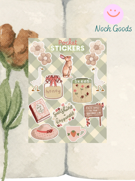 Spring Garden Cottagecore Pocket Stickers | 3"x 4" Mini Sticker Sheet for Journaling, Junk Journals, Scrapbooking, and more