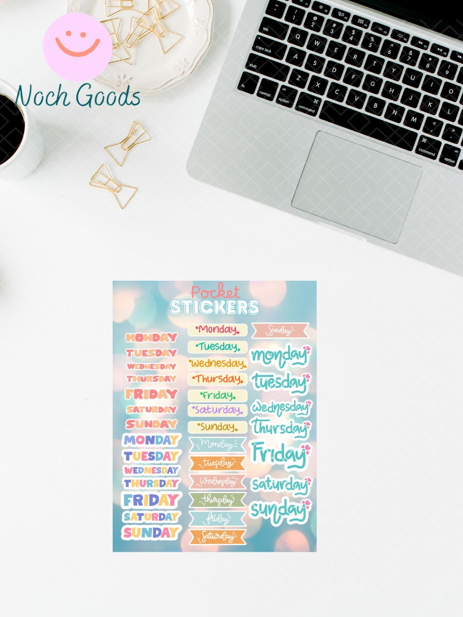 Days of the Week Pocket Stickers | 3"x 4" Mini Sticker Sheet for Journaling, Junk Journals, Scrapbooking, and more
