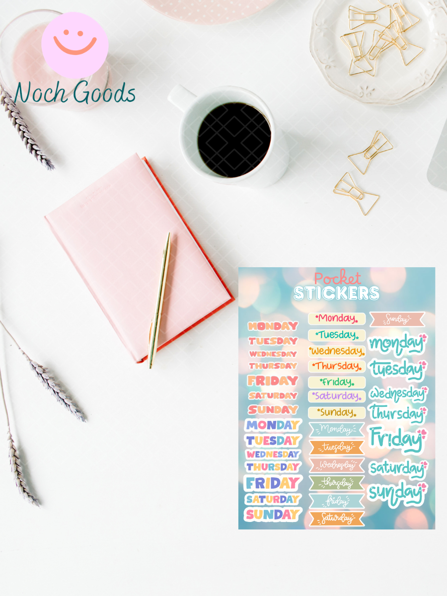 Days of the Week Pocket Stickers | 3"x 4" Mini Sticker Sheet for Journaling, Junk Journals, Scrapbooking, and more