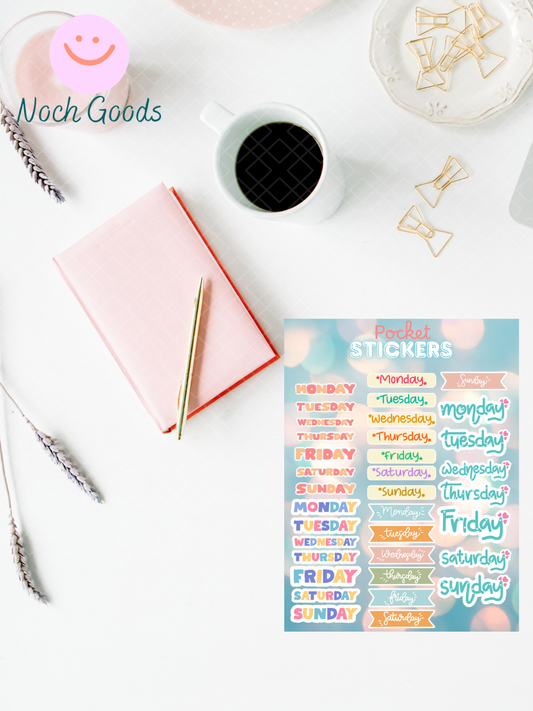 Days of the Week Pocket Stickers | 3"x 4" Mini Sticker Sheet for Journaling, Junk Journals, Scrapbooking, and more