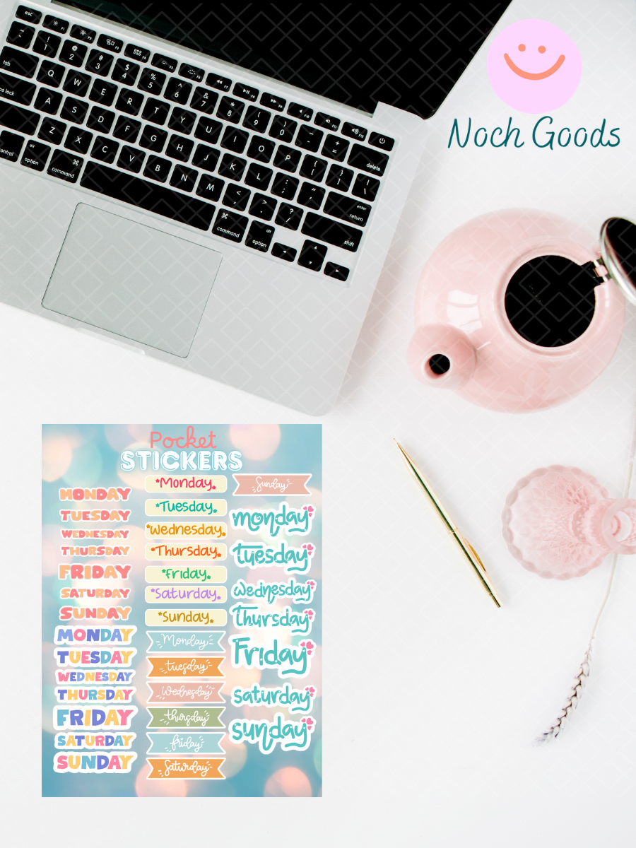 Days of the Week Pocket Stickers | 3"x 4" Mini Sticker Sheet for Journaling, Junk Journals, Scrapbooking, and more